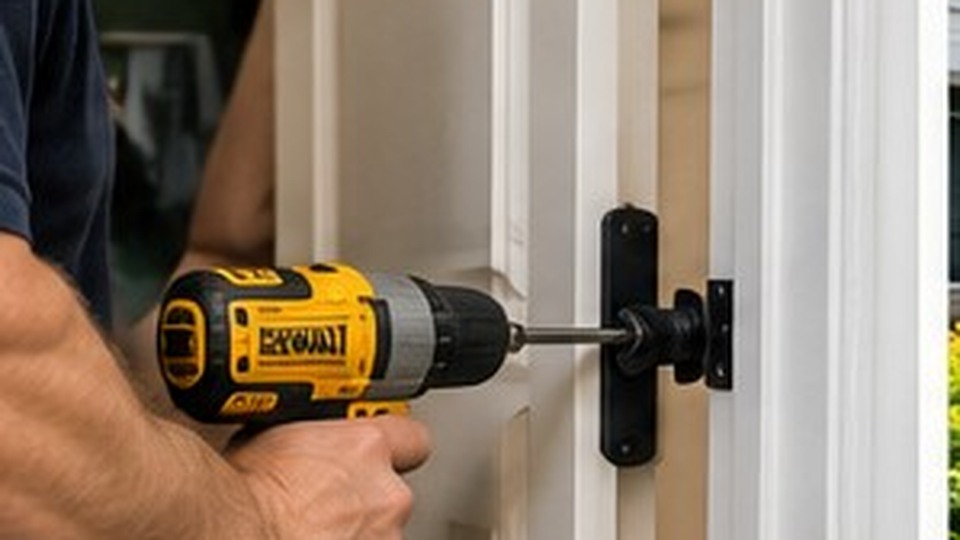 Handyman working on a door